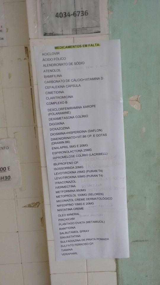 Lista indica falta de mais de 30 medicamentos no Posto do Lavapés