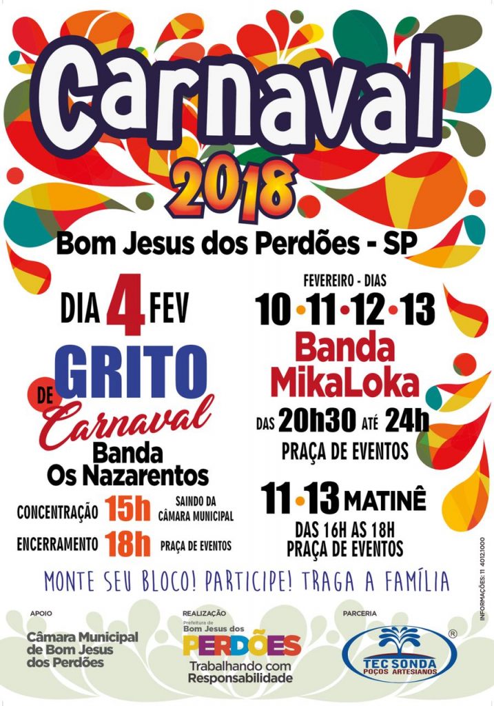 Carnaval 2018: festejos em Bom Jesus dos Perdões começa domingo