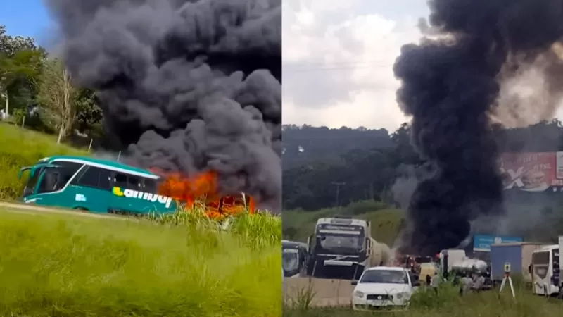 Ônibus pega fogo na Fernão Dias, em Bragança Paulista