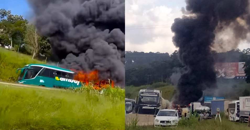 Ônibus pega fogo na Fernão Dias, em Bragança Paulista